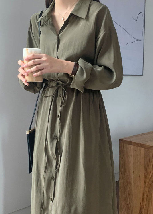 Loose Army Green Side Open Cinched Cotton Maxi Dresses Spring