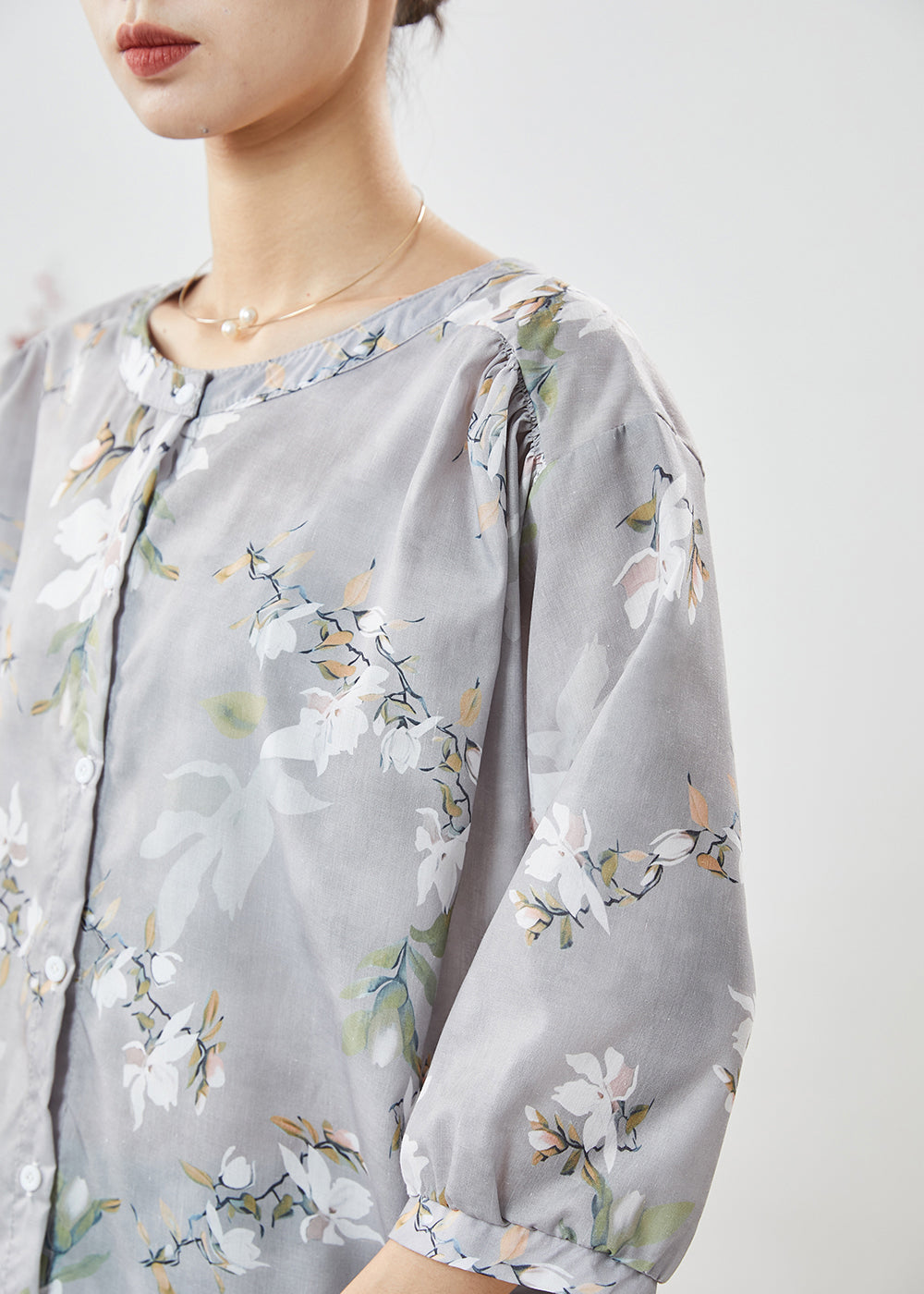 Grey O-neck Print Linen Blouses Half Sleeve