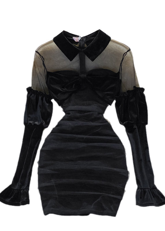 Black Peter Pan Collar Tulle Patchwork Bow Velour Hip Dress Long Sleeve