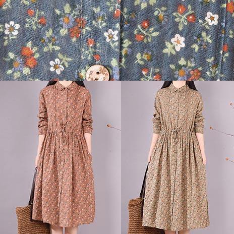 French Brown Print Dresses Lapel Drawstring Maxi Spring Dress