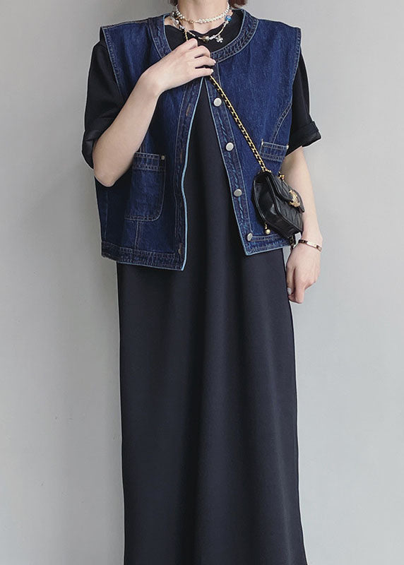 Navy O-neck Pockets Cotton Denim Vests Sleeveless