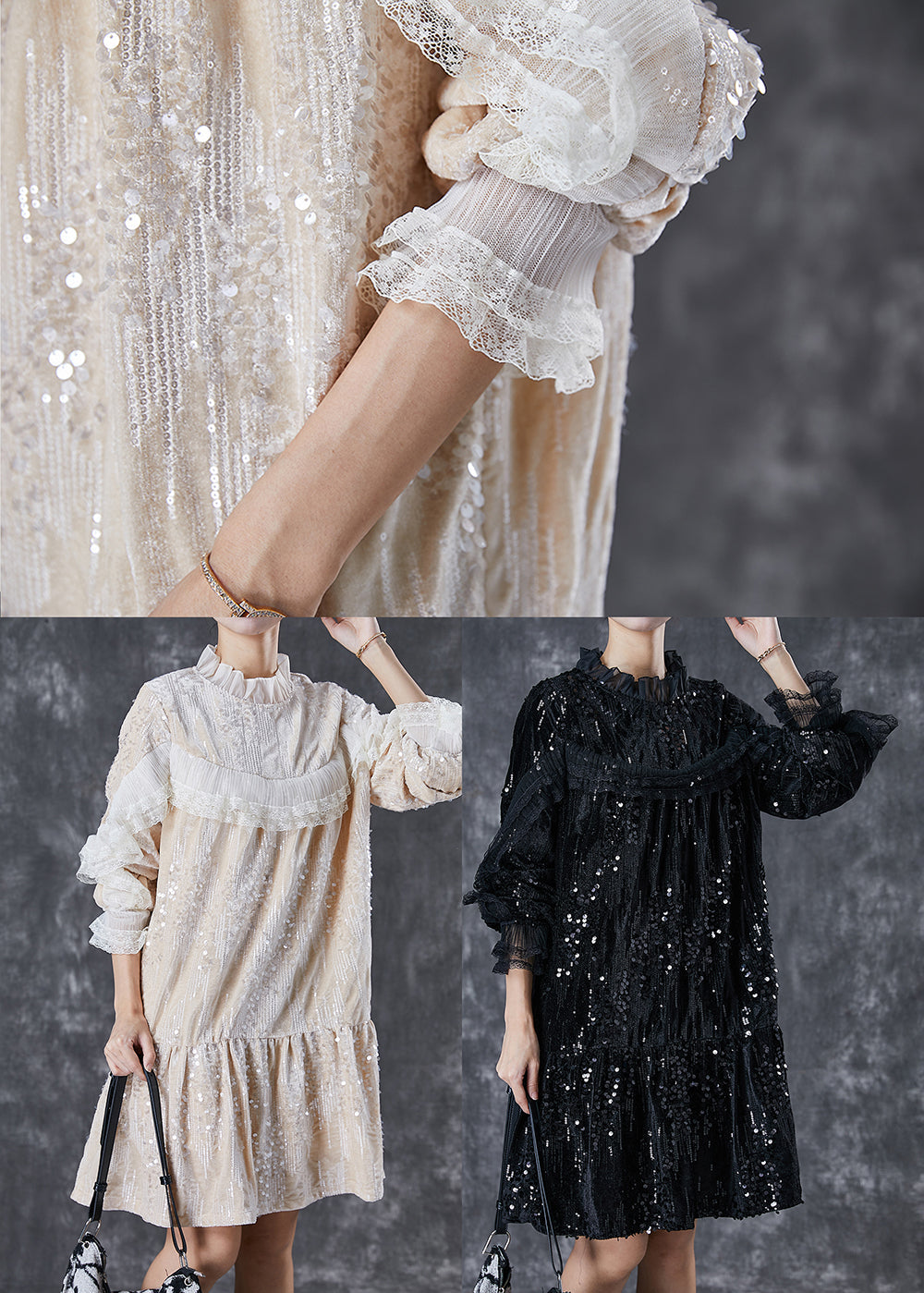 Black Sequins Patchwork Velour Mid Dresses Spring