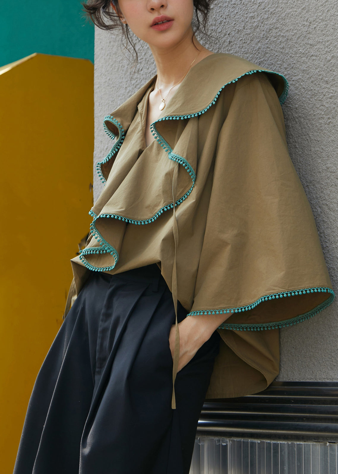 Khaki V Neck Ruffled Patchwork Cotton Shirts Fall