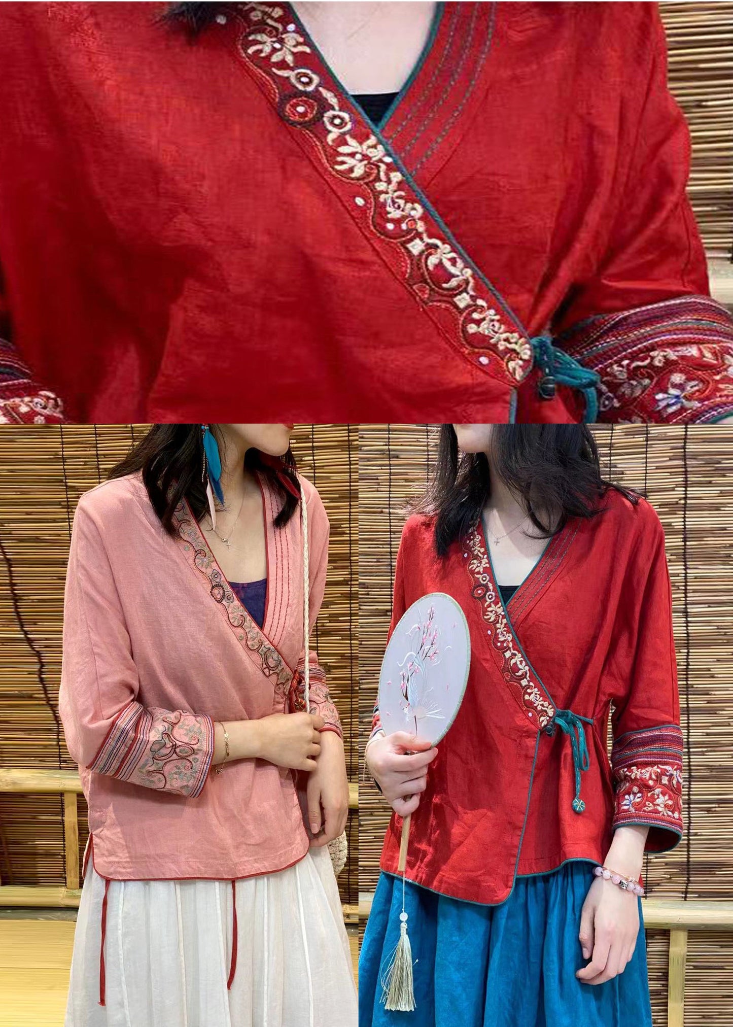 Modern Pink V Neck Embroideried Linen Tops Long Sleeve