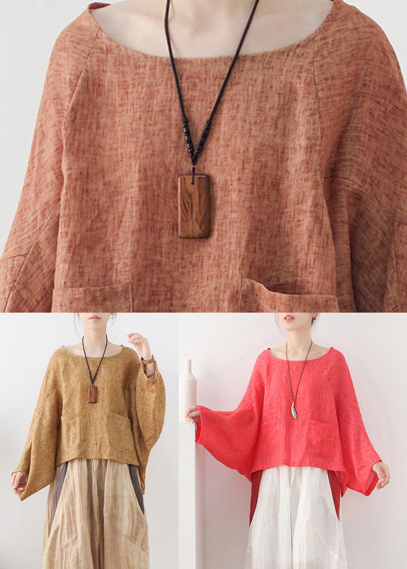 Orange Pockets Linen Pullover Sweatshirt Batwing Sleeve