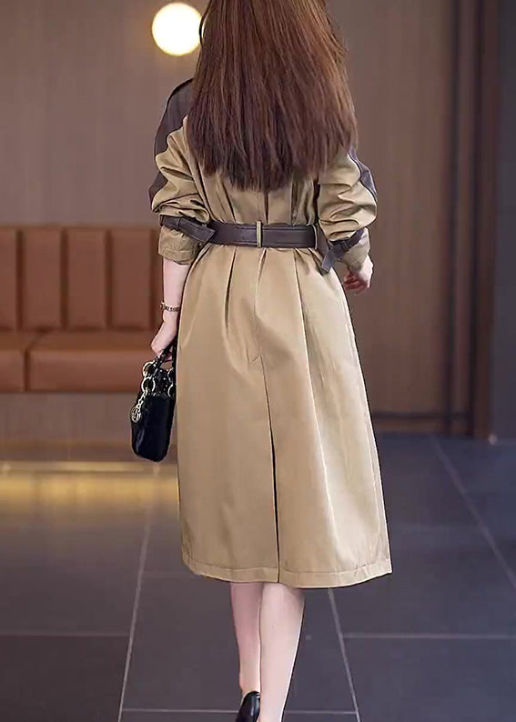 New Khaki Button Tie Waist Patchwork Cotton Long Trench Coat Spring