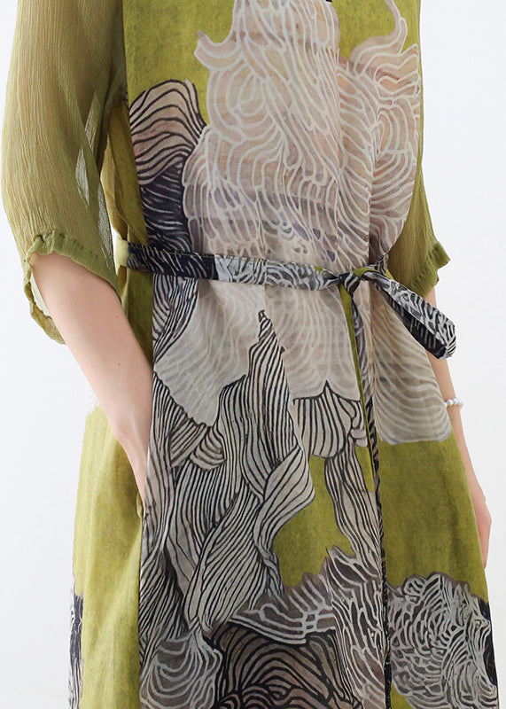 Slim Fit Green O-neck Side Open Tunic Print Linen Party Dress Half Sleeve
