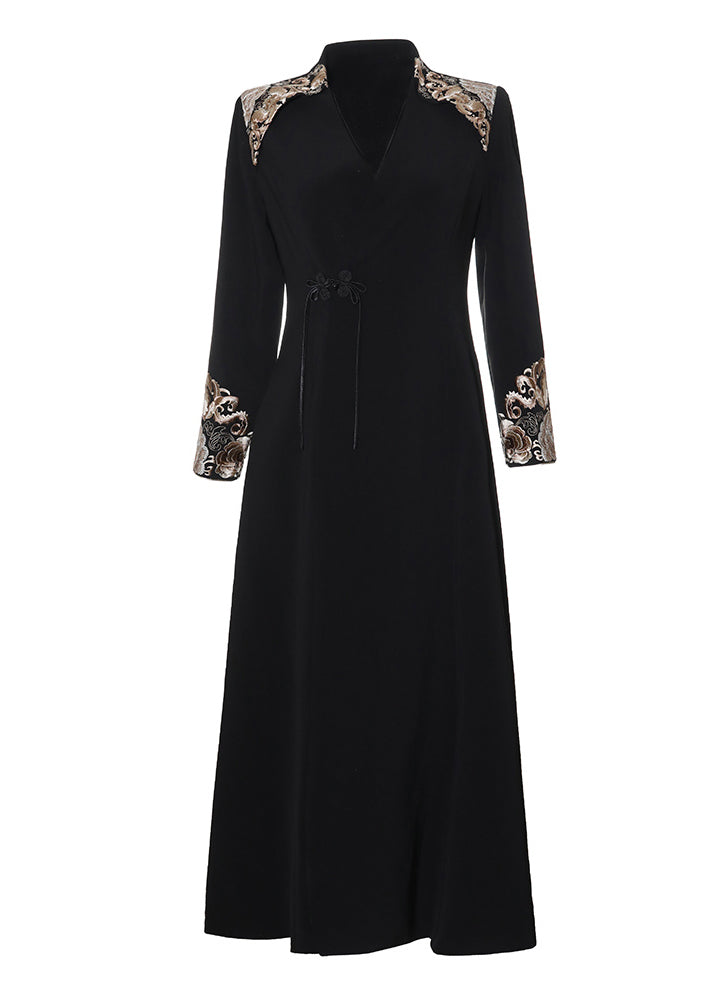 Black V Neck Embroideried Button Satin Trench Coats Fall