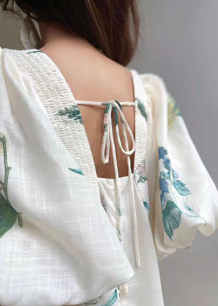 White V Neck Print Lace Up Cotton Dress Lantern Sleeve