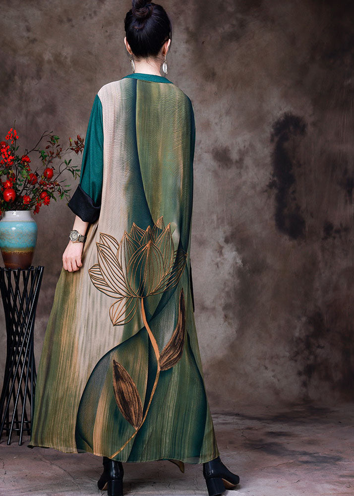 Green V Neck Patchwork Layered Silk Vacation Dresses Bracelet Sleeve