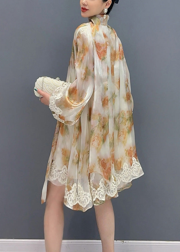 New Stylish Printed Lace Up Mid Dress Long Sleeve