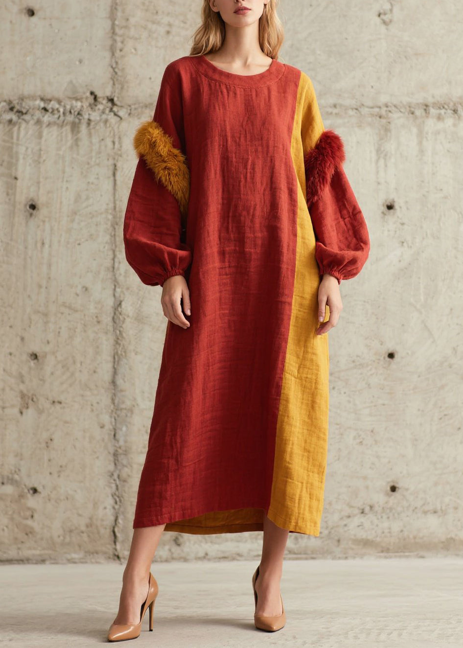 Colorblock O Neck Fuzzy Fur Patchwork Cotton Dress Fall
