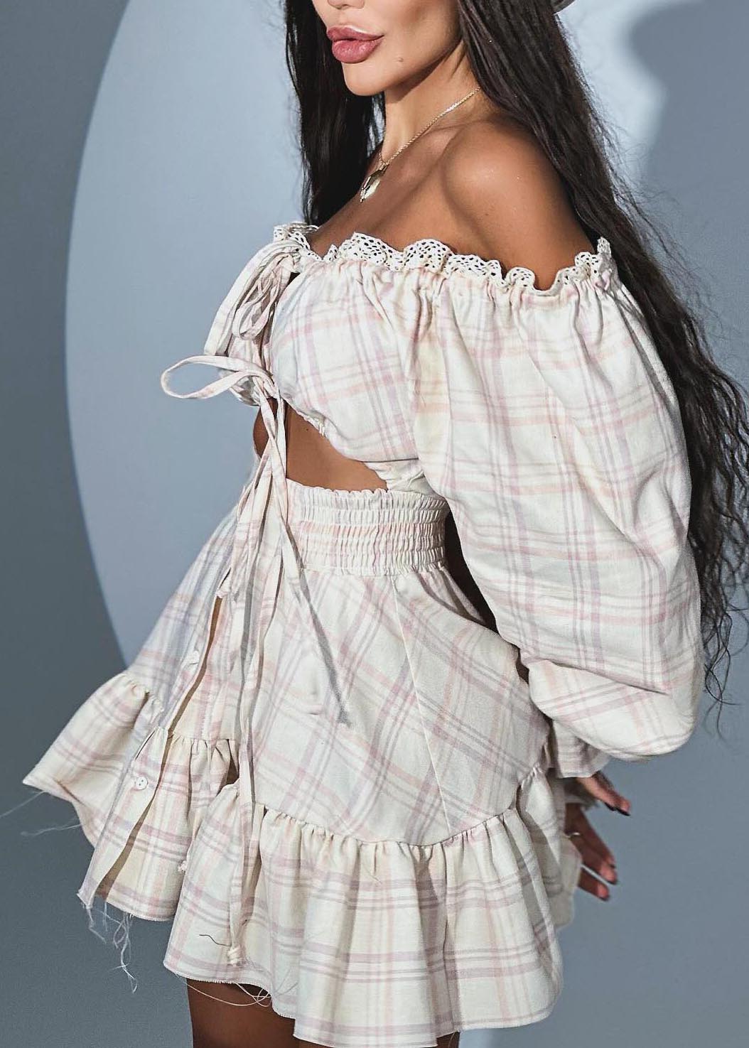 Apricot Plaid Cold Shoulder Cotton Tea Dress Summer