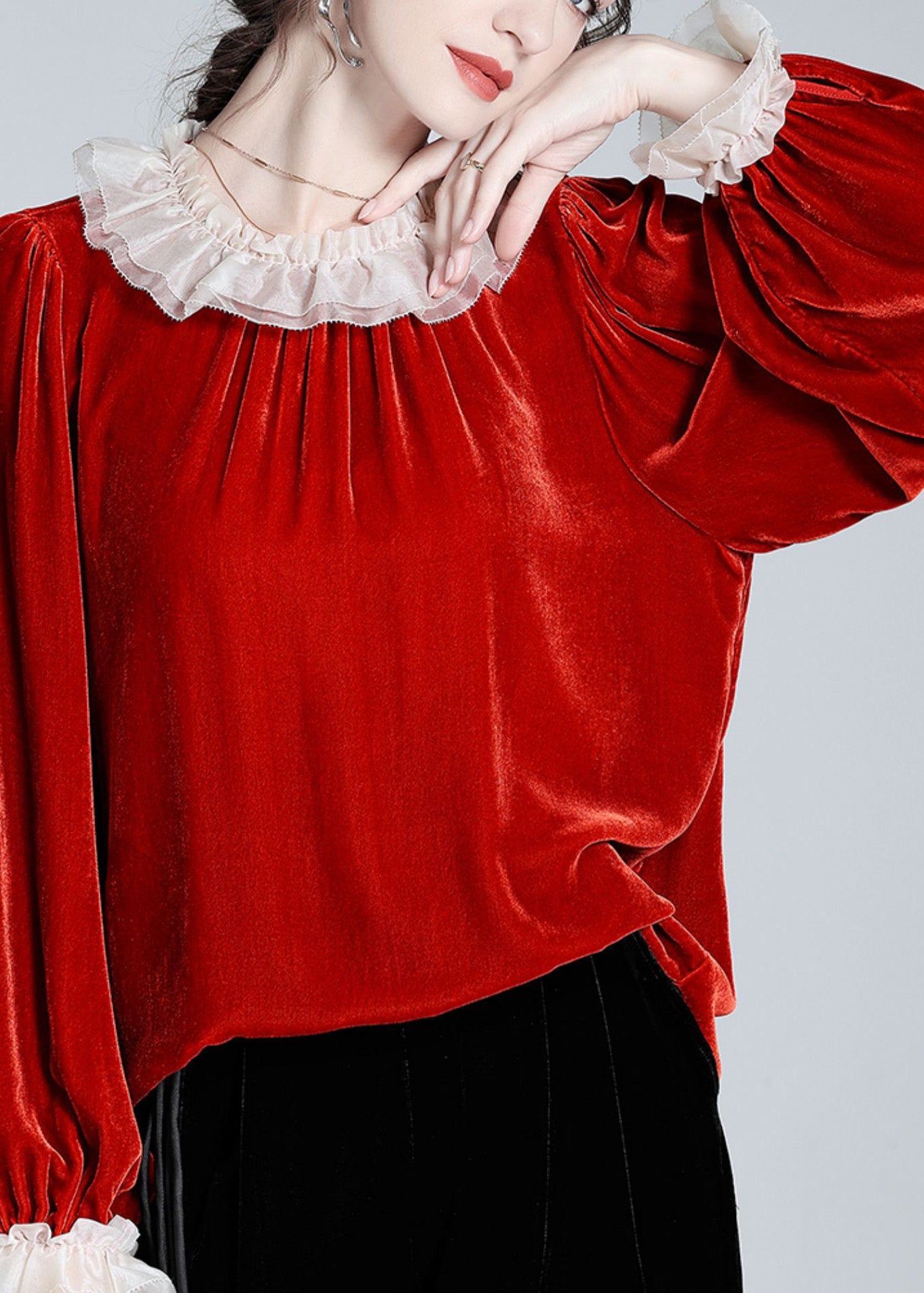 Mulberry O-neck Velour Tops Long Sleeve