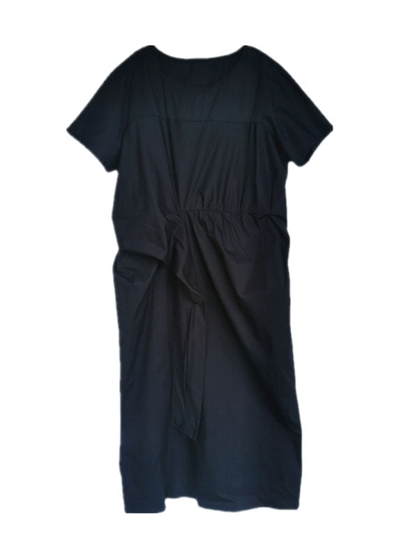 Fitted Navy Cinched Wrinkled Cotton Dress Short Sleeve