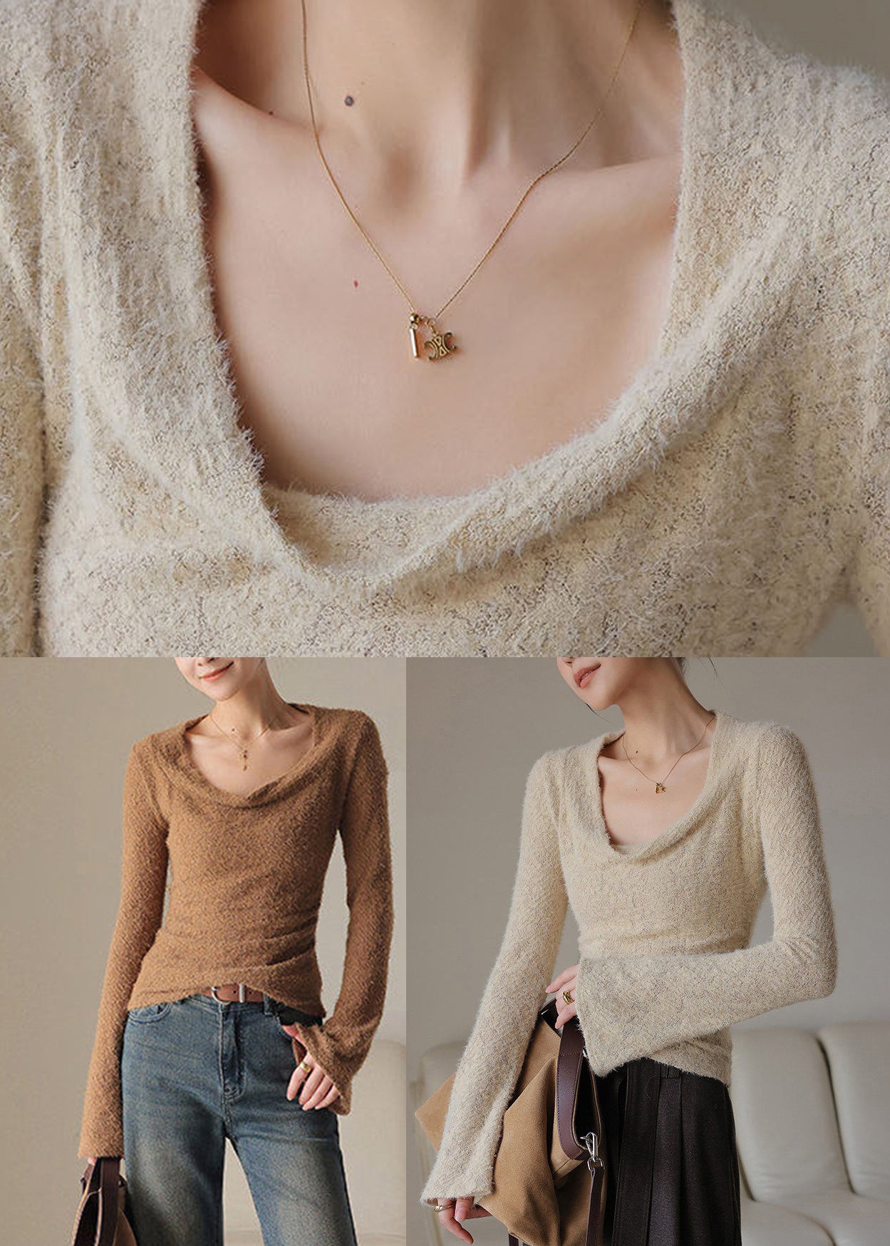 French Khaki Draped Neck Top Spring