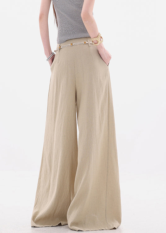 Khaki Pockets Tie Waist High Waist Cotton Wide Leg Pants Fall