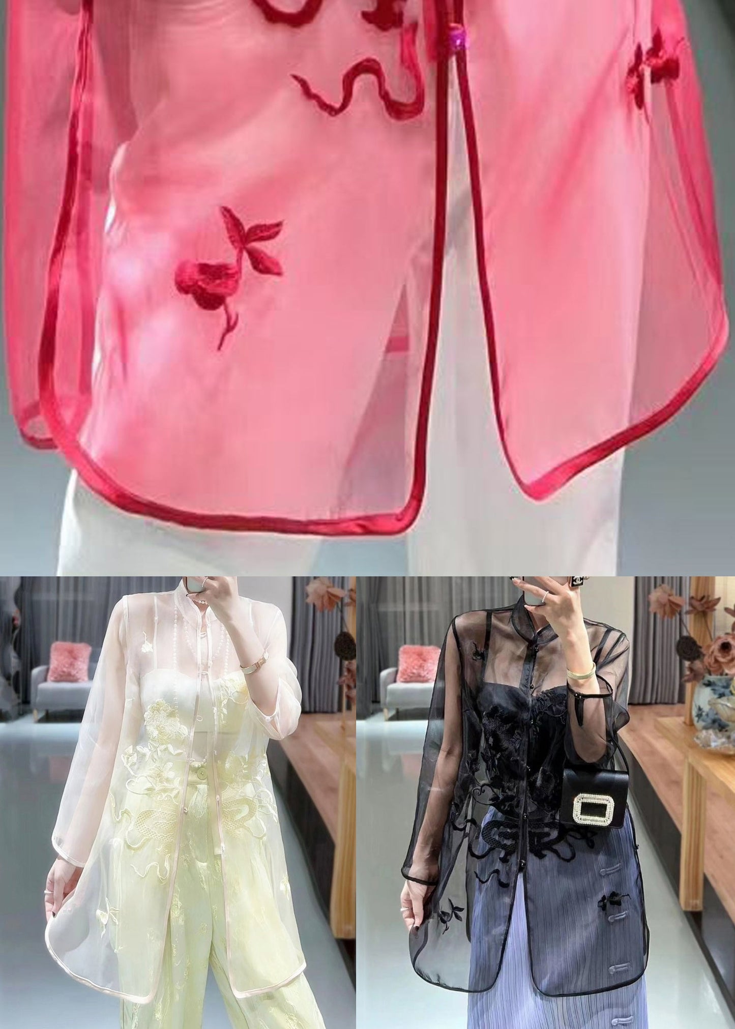 White Embroidered Button Tulle Shirts Long Sleeve