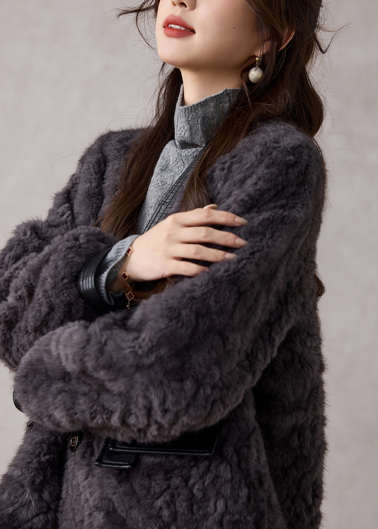 Dark Grey V Neck Patchwork Faux Fur Coats Winter