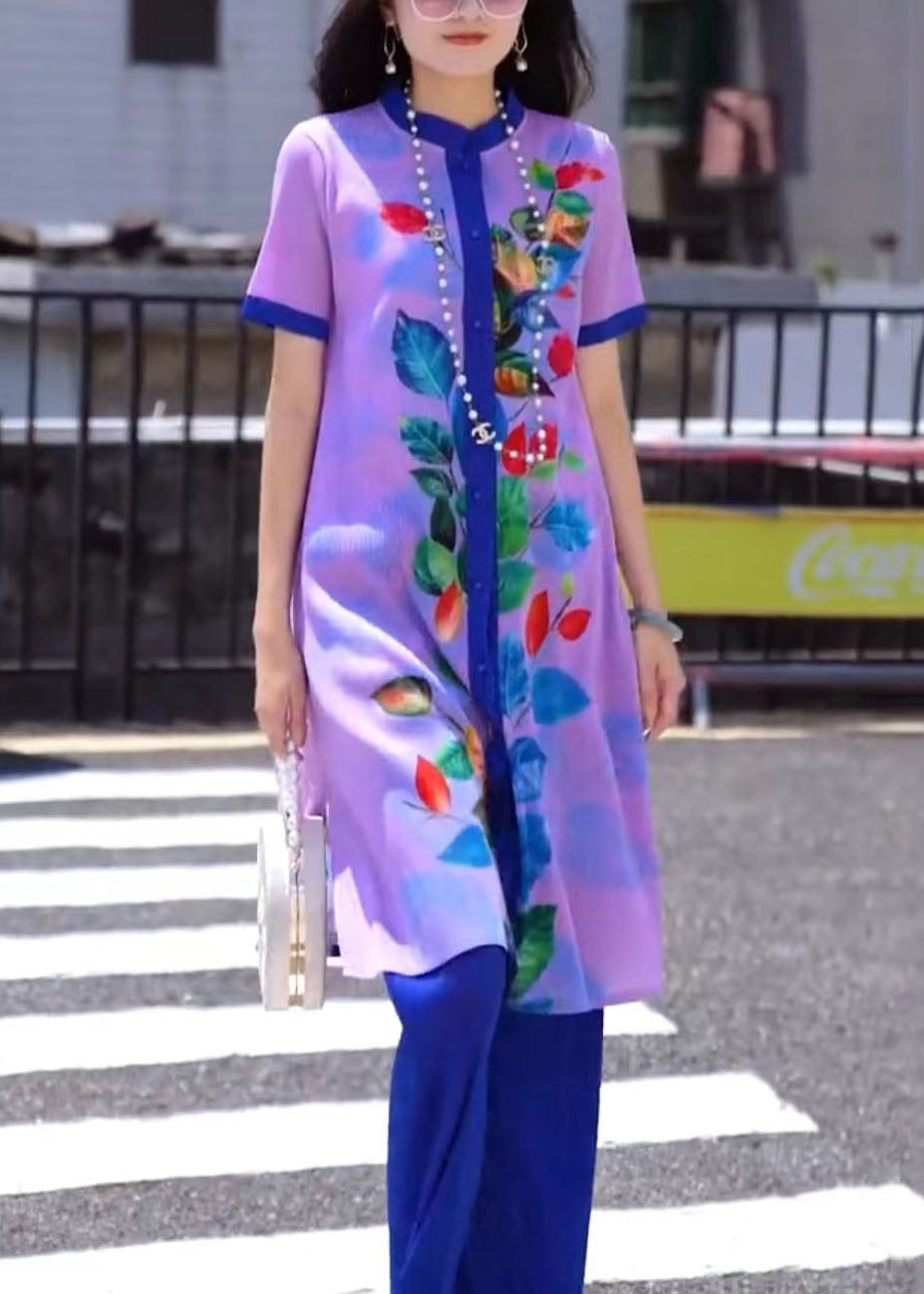 Classy Purple Stand Collar Print Button Draping Silk Long Shirts and Straight Pants Two Piece Set Short Sleeve