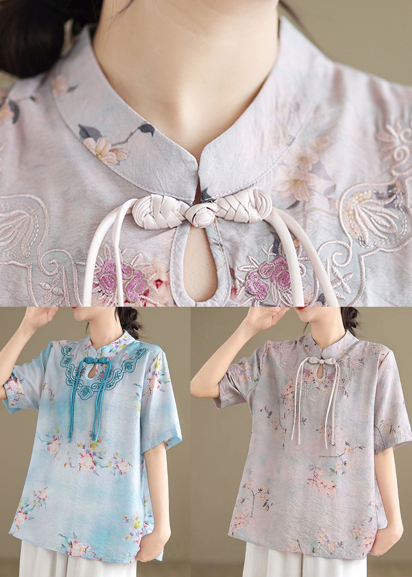 Light Purple Tasseled Print Cotton Top Short Sleeve