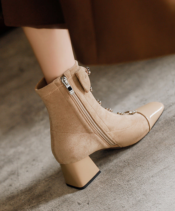 Apricot Bow Zircon Classy Splicing Chunky Boots