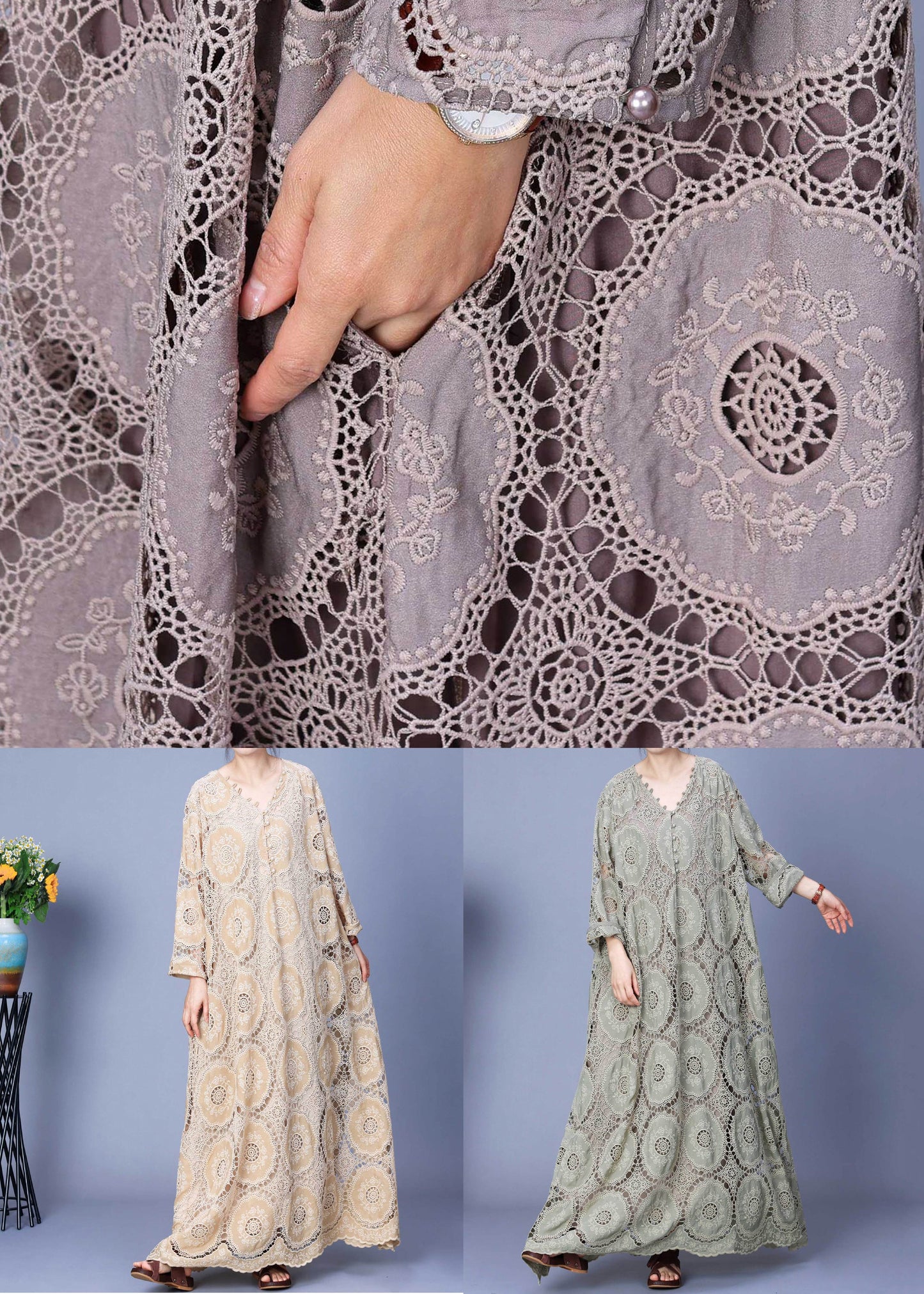 Apricot Hollow Out Lace Patchwork Cotton Long Dress Spring