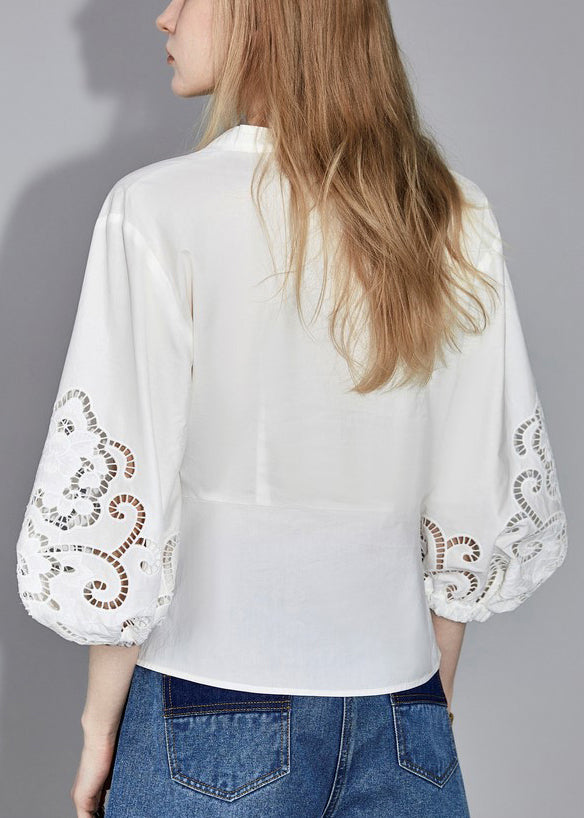 White V Neck Hollow Out Cotton Blouses Bracelet Sleeve