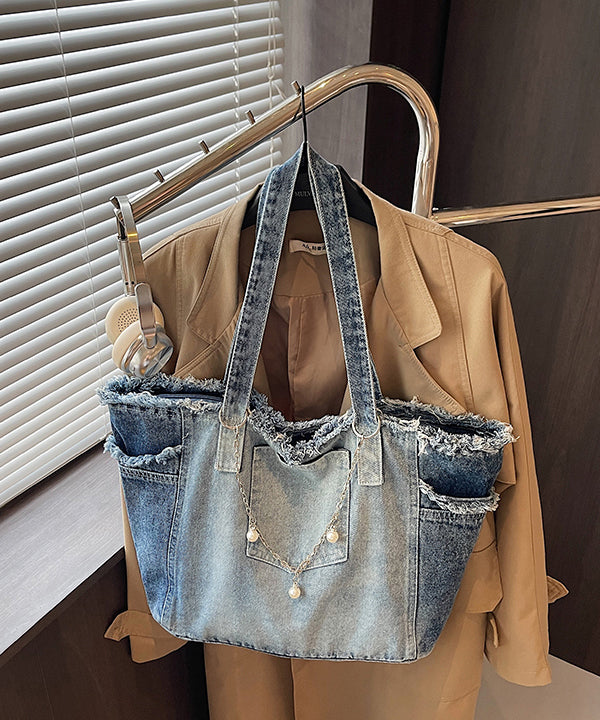 Gradient Blue Tasseled Large Capacity Denim Shoulder Bags
