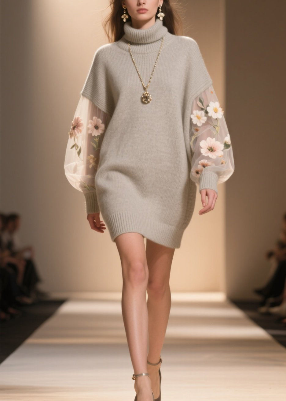 Hign Neck Tulle Patchwork Knit Sweater Dress Winter