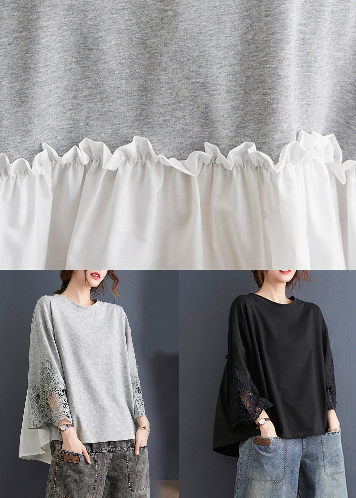 Grey Ruffled Lace Patchwork Cotton Tops Spring