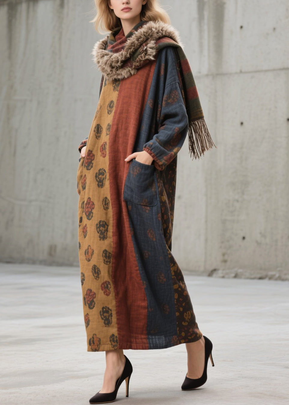Stylish Colorblock Oversized With Pockets Cotton Holiday Dress Fall