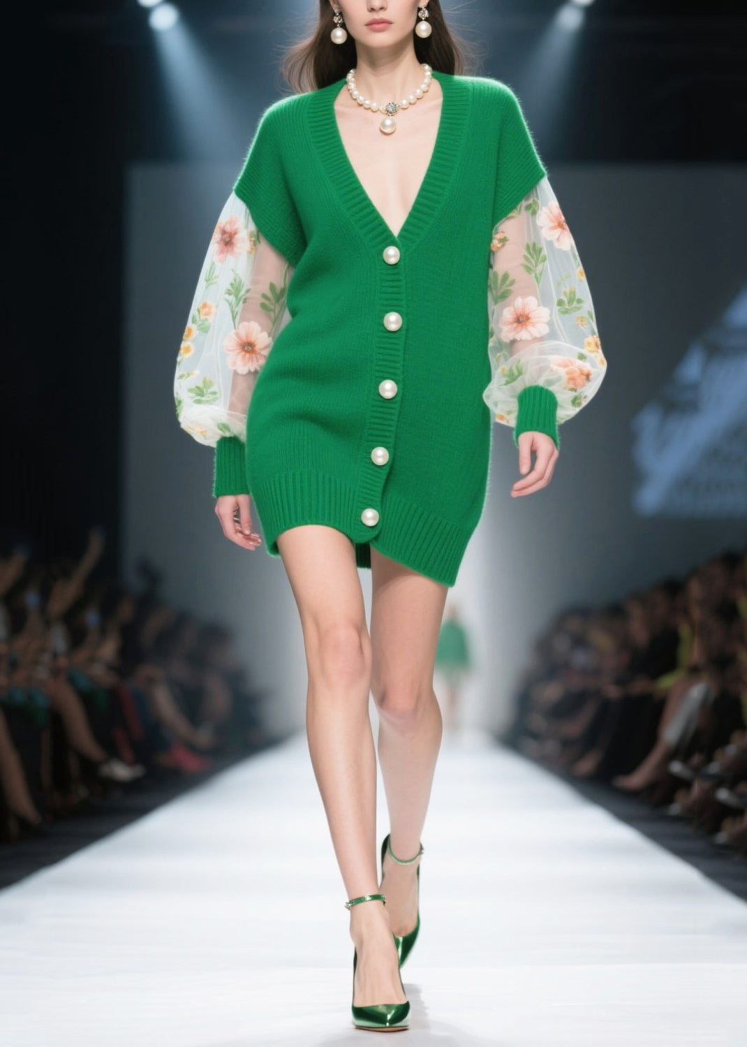 Green Patchwork Tulle Knit Coats Handmade Pearl Winter
