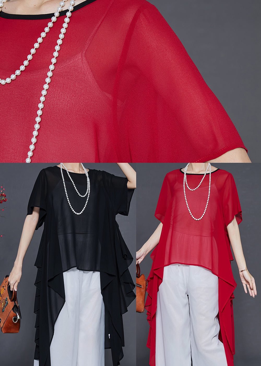 Black Asymmetrical Chiffon Shirts Summer