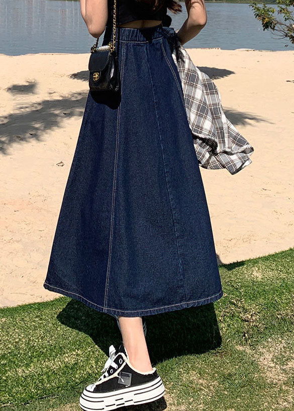Classy Denim Light Blue High Waist Patchwork Button Cotton a Line Skirts Summer