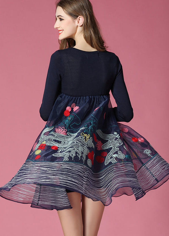 Navy Embroideried Patchwork Organza Holiday Dress Spring