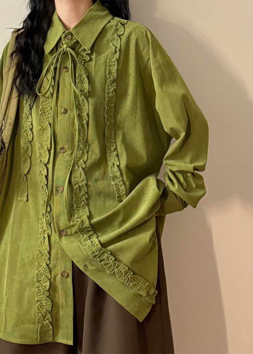 Green Ruffled Lace Up Cotton Shirt Top Spring