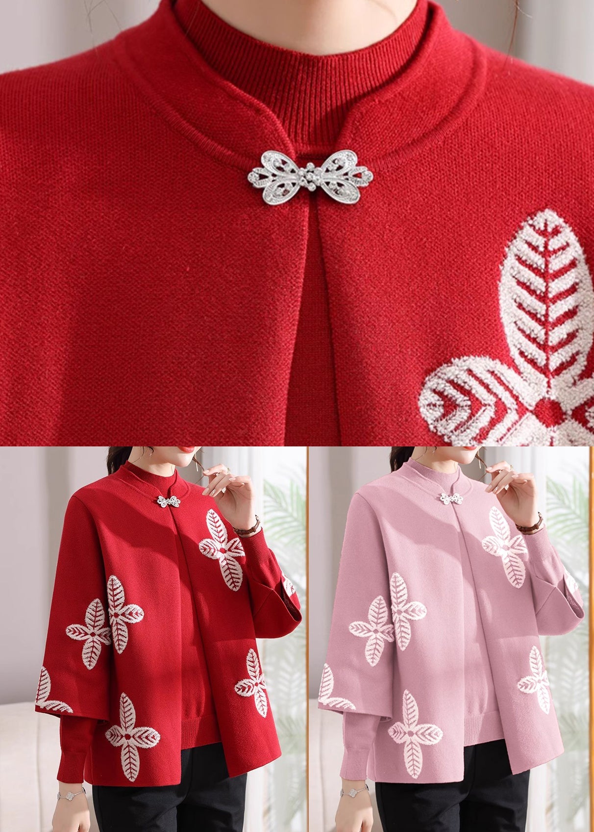 Red Print Knit Cardigans and Sweaters Two Pieces Set Fall