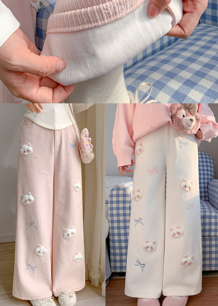 Pink Embroidered Cat Decorated Warm Fleece Pants Winter