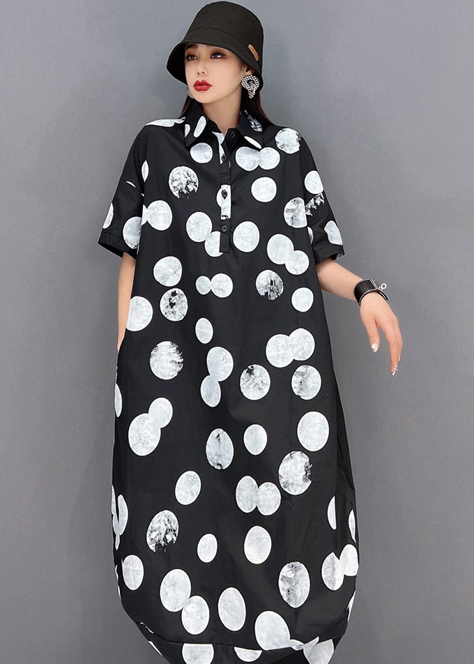 Black Peter Pan Collar Dot Print Vogue Shirt Dress Short Sleeve