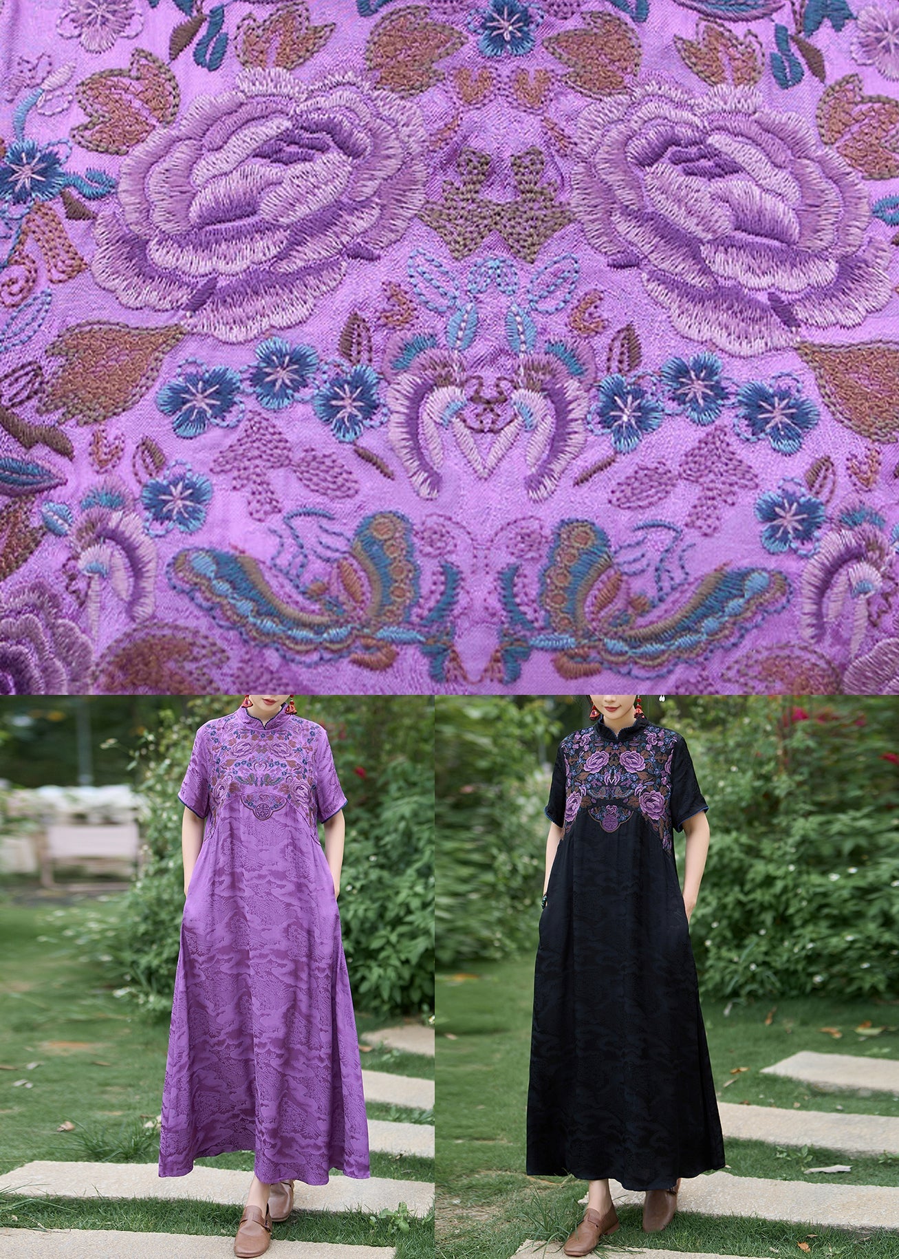 Black Silk Dress Embroidered Stand Collar Summer