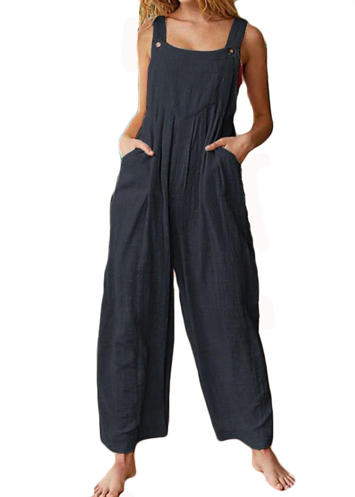Color Button Sleeveless Overalls Side Pocket Jumpsuit for