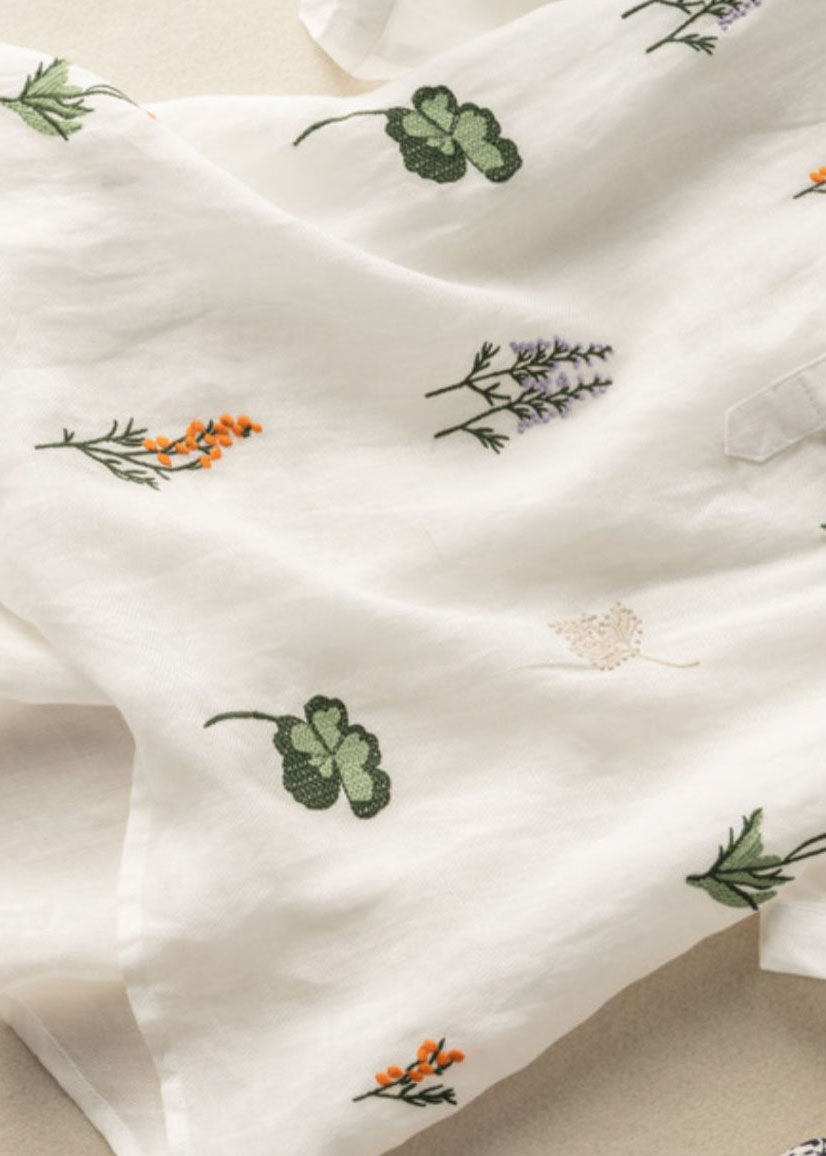 White Peter Pan Collar Print Patchwork Linen Shirt Top Summer