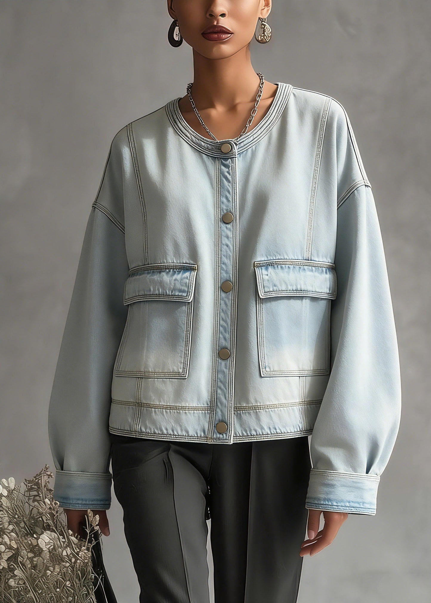 Blue O-neck Pockets Denim Coat Long Sleeve