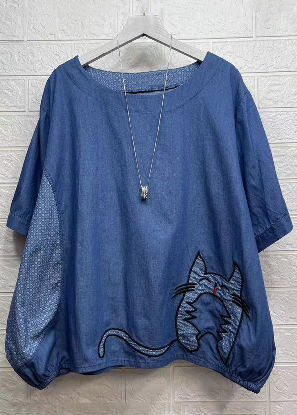 Blue O-neck Embroideried Patchwork Denim Top Summer
