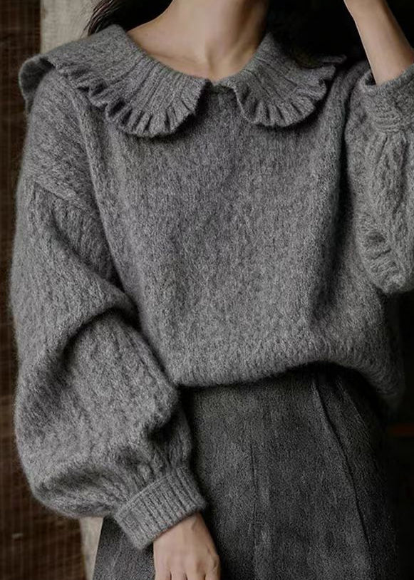Dark Gray Peter Pan Collar Cozy Knit Sweater Winter
