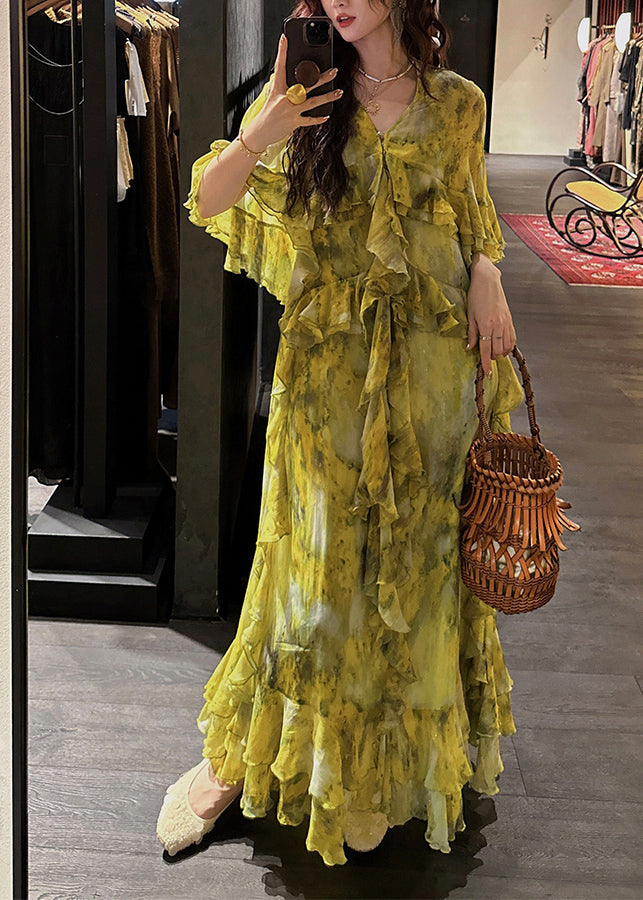 Green Tie Dye Ruffled Patchwork Silk Ankle Dress Summer