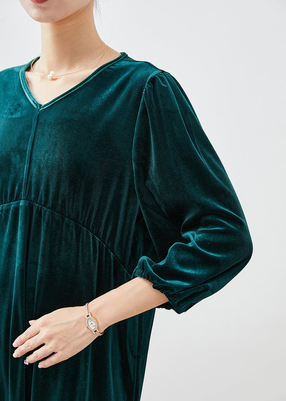 Peacock Green Oversized Patchwork Silk Velour Holiday Dress Lantern Sleeve