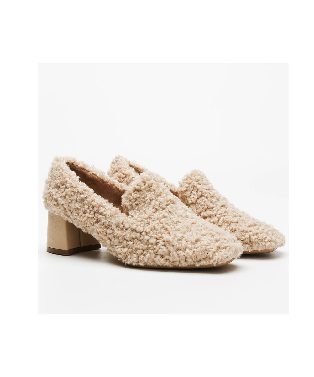 Beige Teddy Chunky Heel Fuzzy Wool Lined Penny Loafers