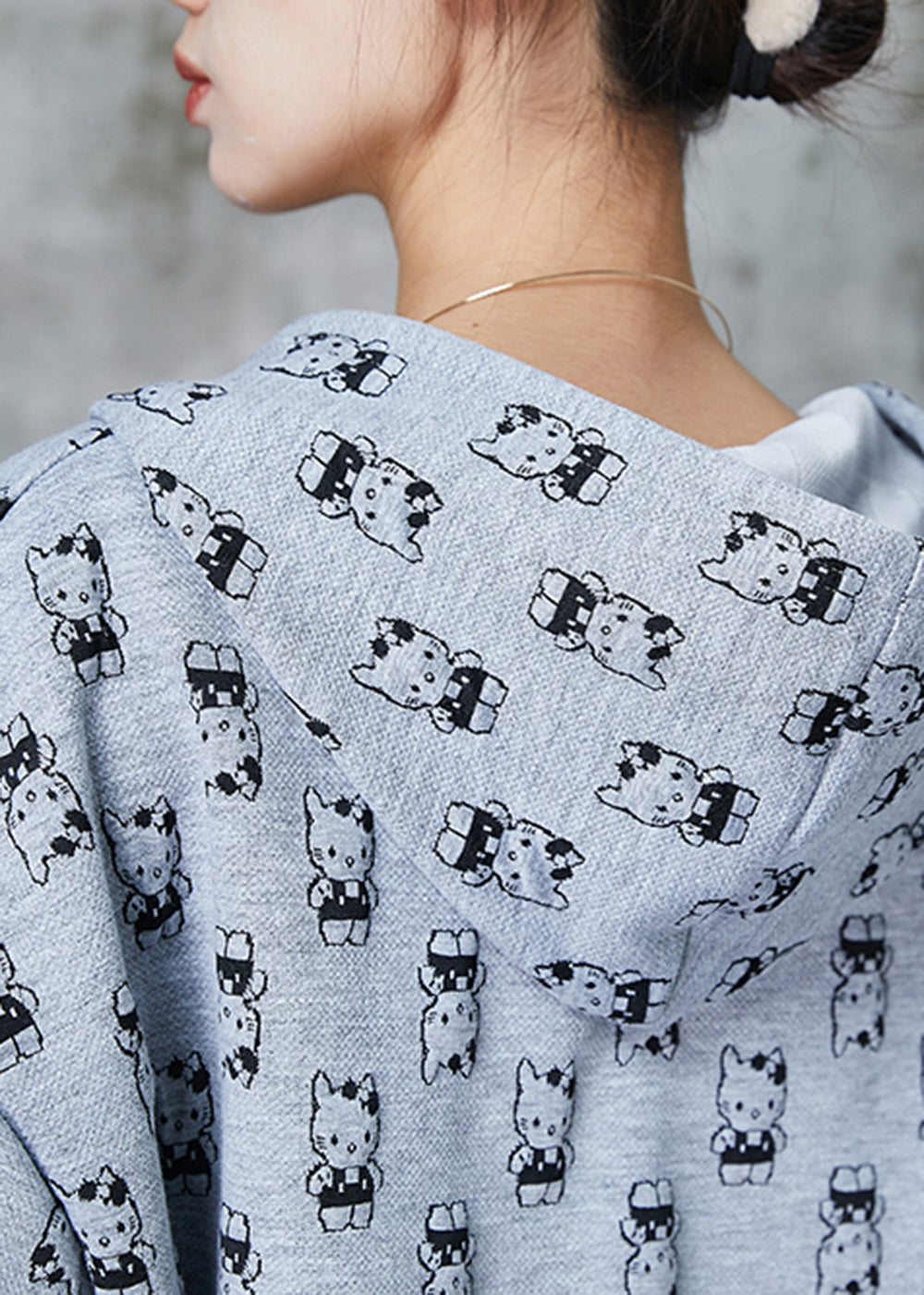 Grey Oversized Cat Print Cotton Two Pieces Set Spring